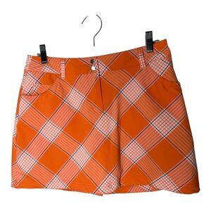 Slazenger Women’s Plaid Golf Skort Orange White Pockets Front Zip Snaps size 2